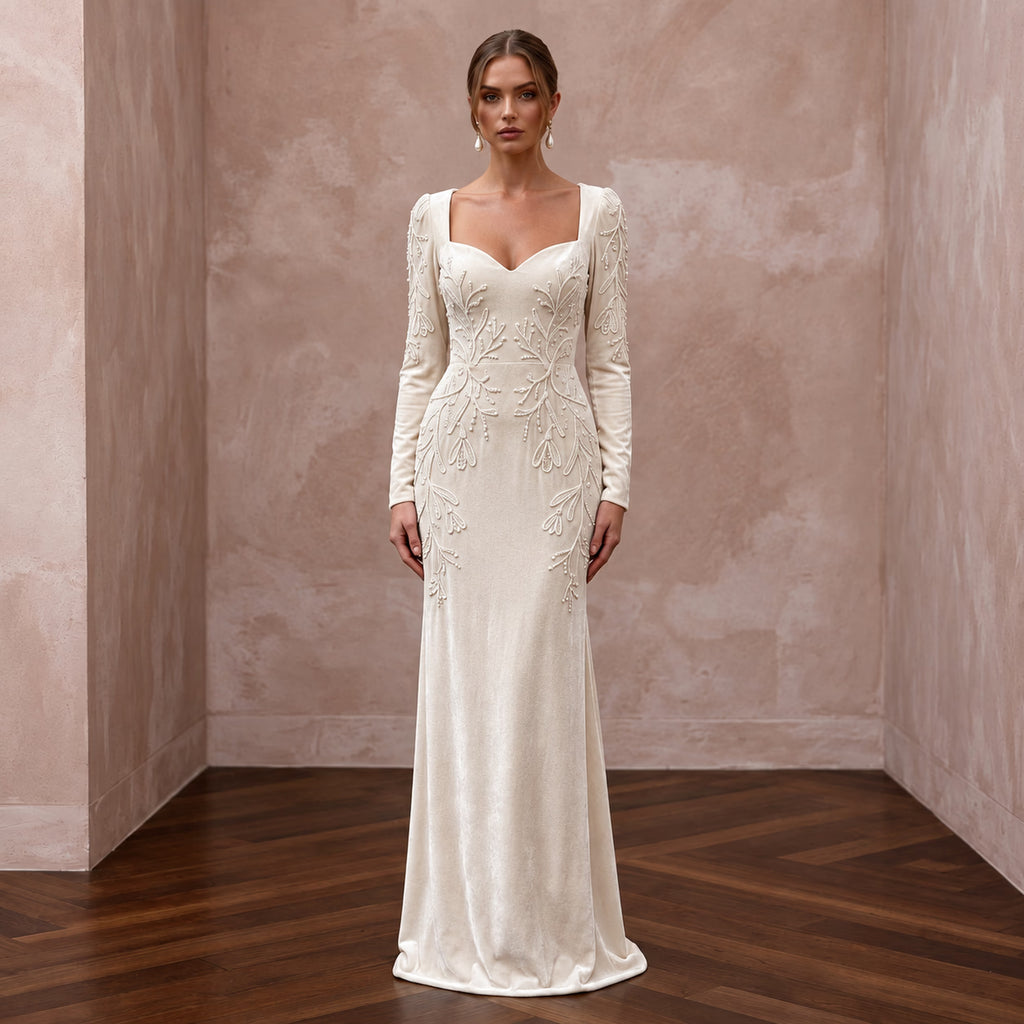 Cream Velvet Sweetheart Neckline Long Sleeve Winter Elopement Dress