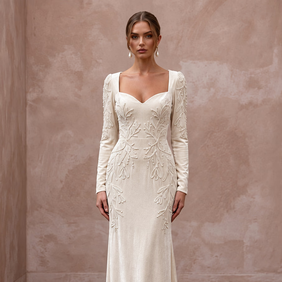 Cream Velvet Sweetheart Neckline Long Sleeve Winter Elopement Dress
