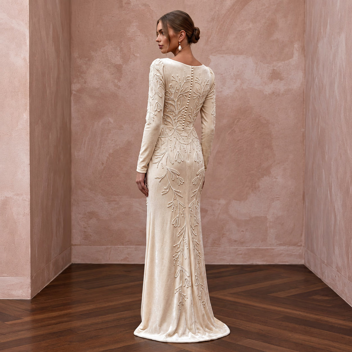 Cream Velvet Sweetheart Neckline Long Sleeve Winter Elopement Dress