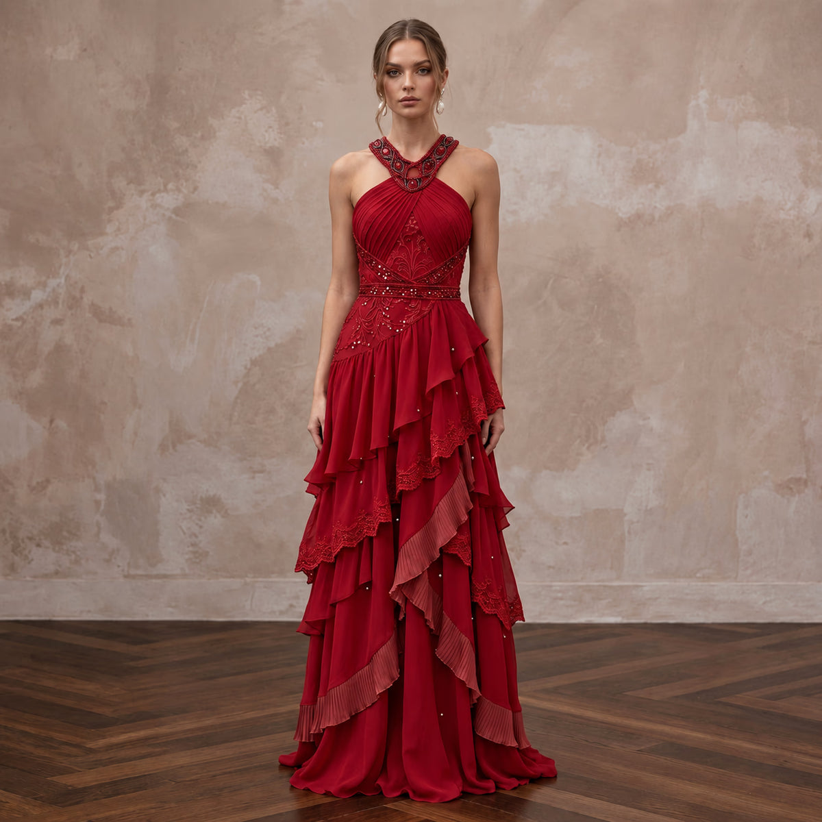 Crimson Red Chiffon Tiered Ruffle Halter Neck Gala Dress - Apparel & Accessories > Clothing > Wedding & Bridal Party Dresses > Wedding Dresses - Mignonette Bridal