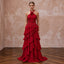 Crimson Red Chiffon Tiered Ruffle Halter Neck Gala Dress