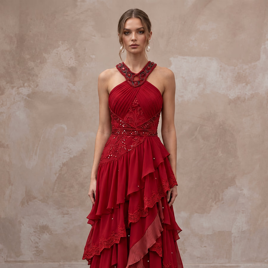 Crimson Red Chiffon Tiered Ruffle Halter Neck Gala Dress - Apparel & Accessories > Clothing > Wedding & Bridal Party Dresses > Wedding Dresses - Mignonette Bridal
