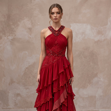 Crimson Red Chiffon Tiered Ruffle Halter Neck Gala Dress - Apparel & Accessories > Clothing > Wedding & Bridal Party Dresses > Wedding Dresses - Mignonette Bridal