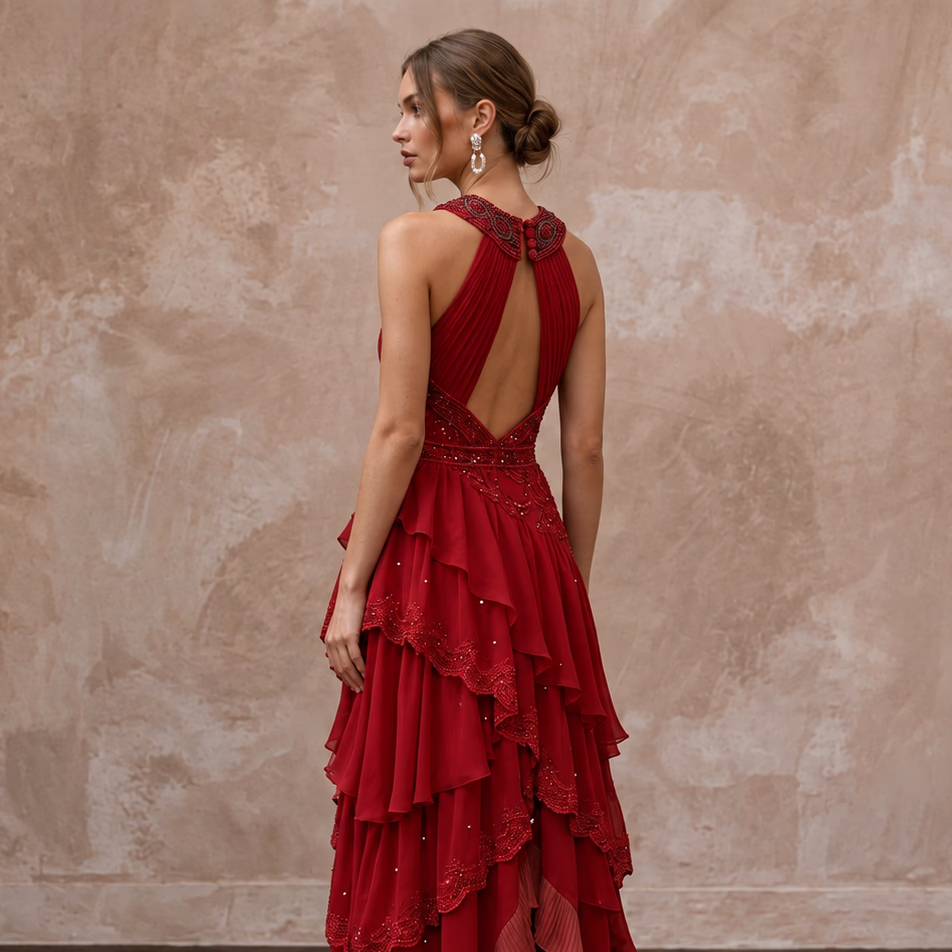 Crimson Red Chiffon Tiered Ruffle Halter Neck Gala Dress - Apparel & Accessories > Clothing > Wedding & Bridal Party Dresses > Wedding Dresses - Mignonette Bridal