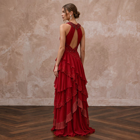 Crimson Red Chiffon Tiered Ruffle Halter Neck Gala Dress - Apparel & Accessories > Clothing > Wedding & Bridal Party Dresses > Wedding Dresses - Mignonette Bridal