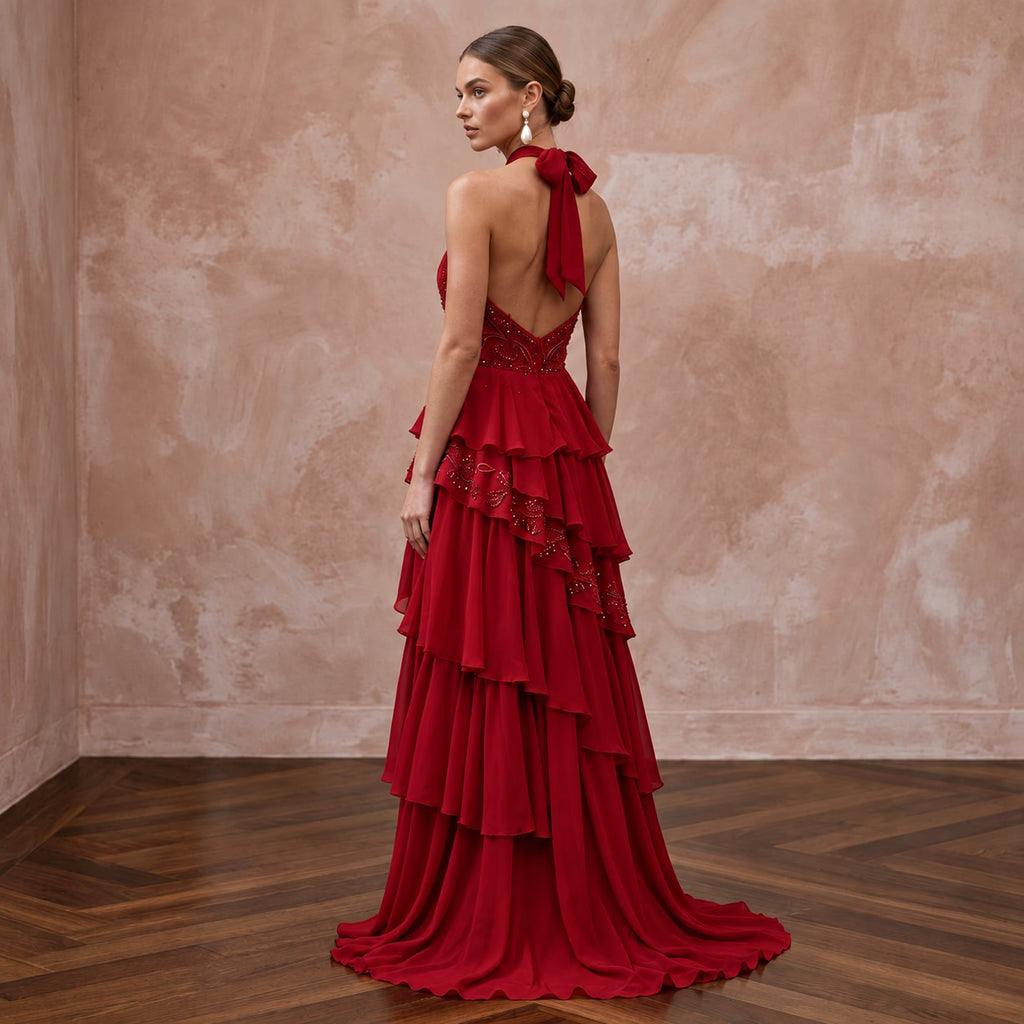 Crimson Red Chiffon Tiered Ruffle Halter Neck Gala Dress