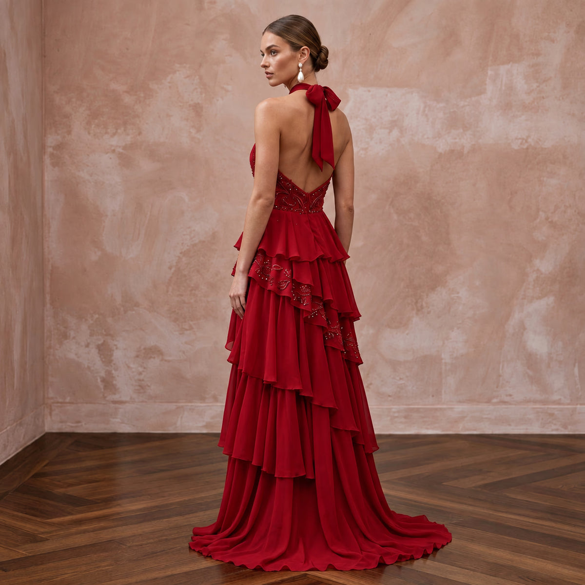 Crimson Red Chiffon Tiered Ruffle Halter Neck Gala Dress
