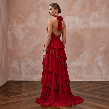 Crimson Red Chiffon Tiered Ruffle Halter Neck Gala Dress