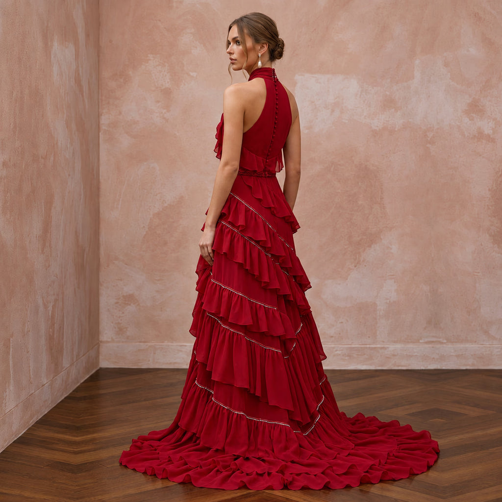 Crimson Red Chiffon Tiered Ruffle Halter Neck Gala Dress