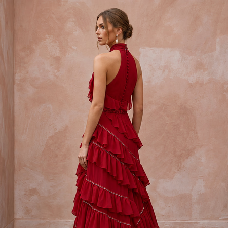 Crimson Red Chiffon Tiered Ruffle Halter Neck Gala Dress