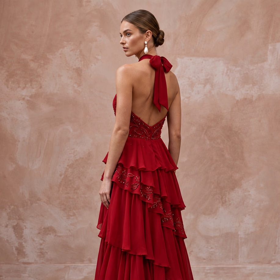 Crimson Red Chiffon Tiered Ruffle Halter Neck Gala Dress