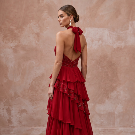 Crimson Red Chiffon Tiered Ruffle Halter Neck Gala Dress