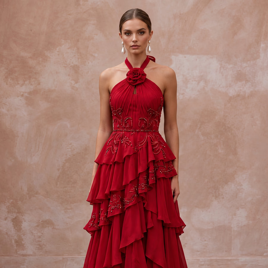 Crimson Red Chiffon Tiered Ruffle Halter Neck Gala Dress