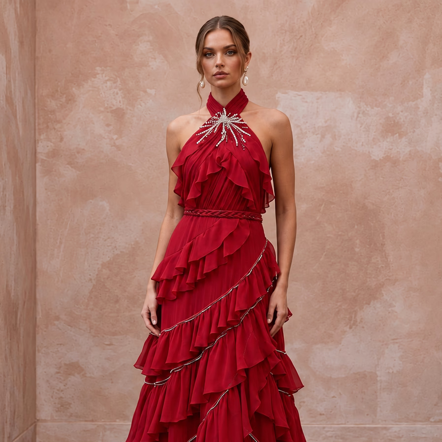 Crimson Red Chiffon Tiered Ruffle Halter Neck Gala Dress