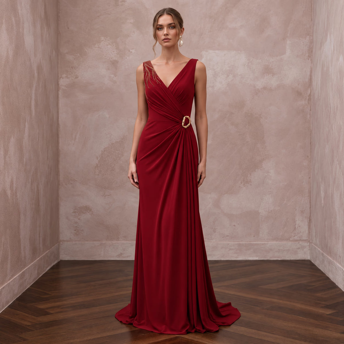 Crimson Red Minimalist Matte Jersey Draped Grecian Evening Gown