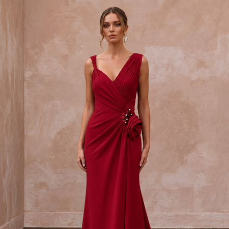 Crimson Red Minimalist Matte Jersey Draped Grecian Evening Gown