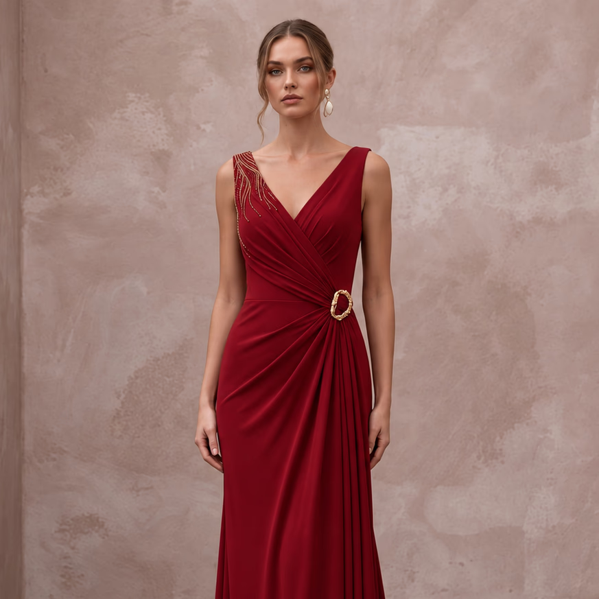 Crimson Red Minimalist Matte Jersey Draped Grecian Evening Gown