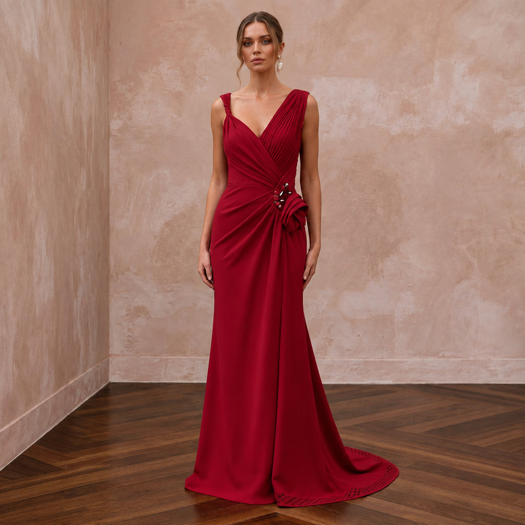 Crimson Red Minimalist Matte Jersey Draped Grecian Evening Gown