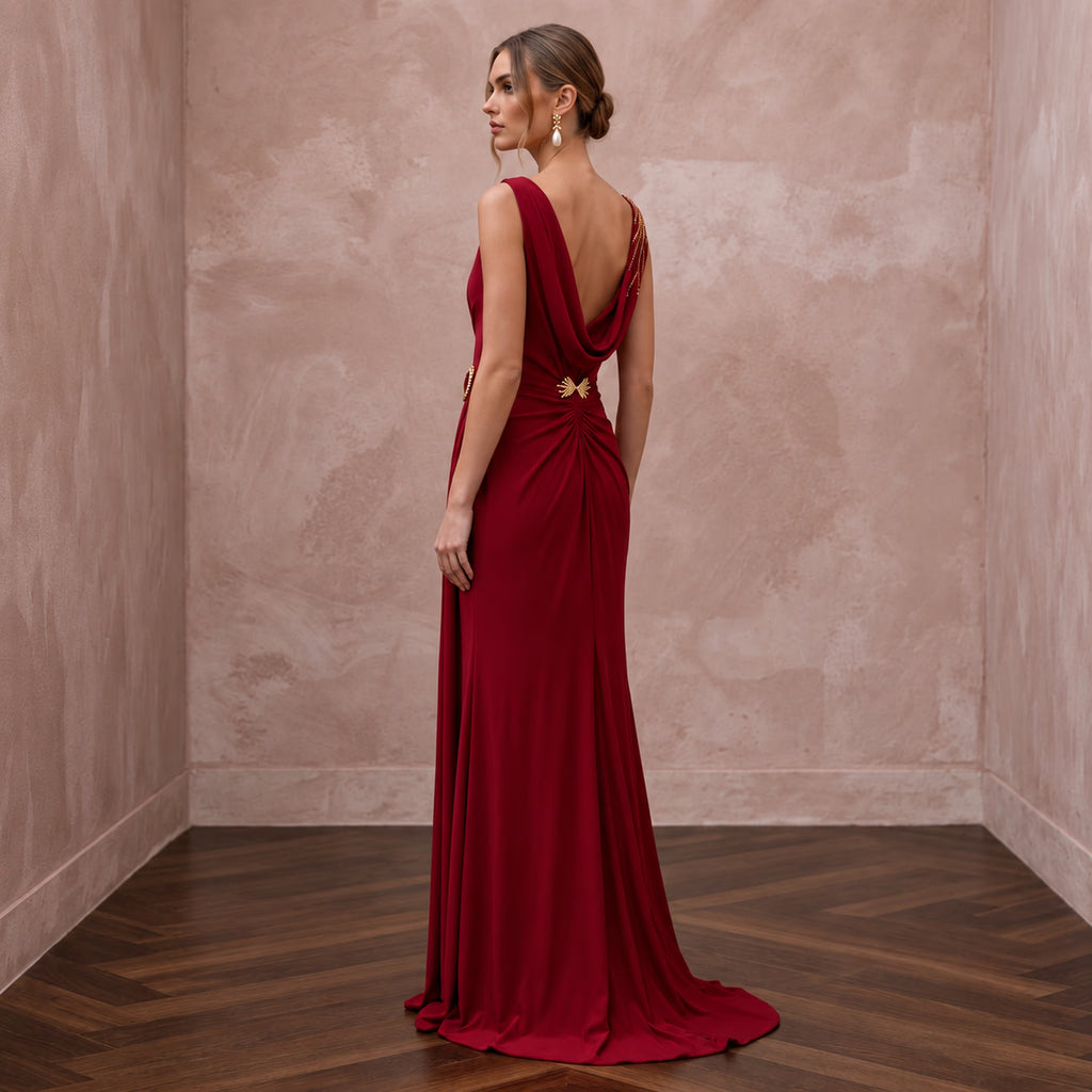 Crimson Red Minimalist Matte Jersey Draped Grecian Evening Gown
