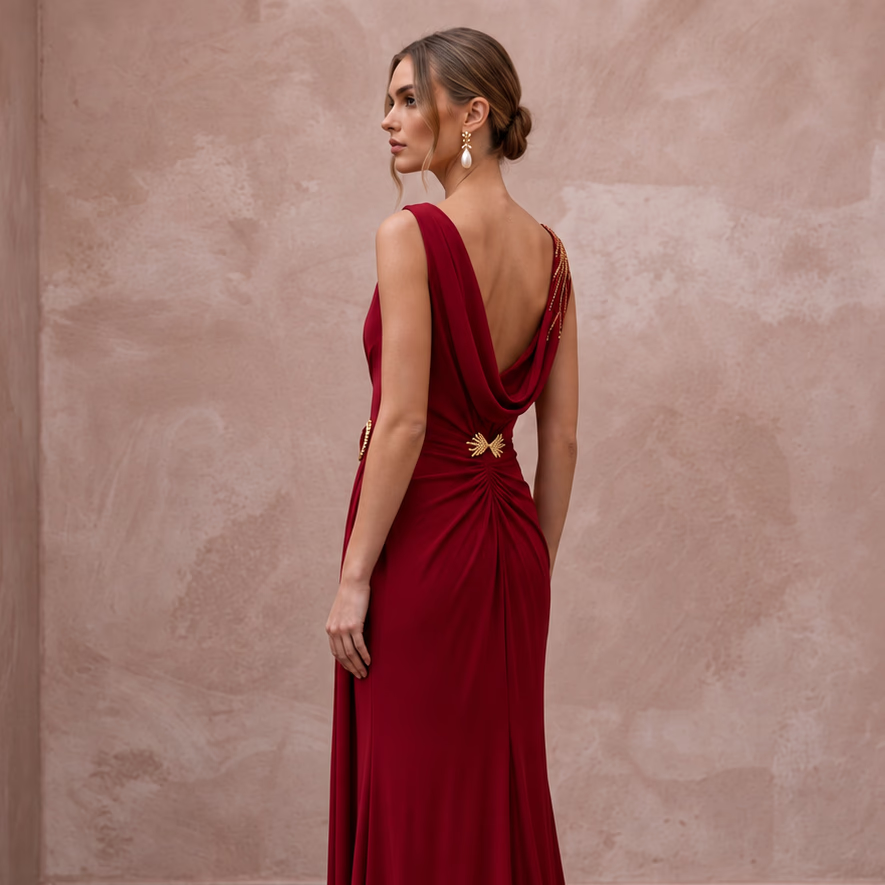 Crimson Red Minimalist Matte Jersey Draped Grecian Evening Gown