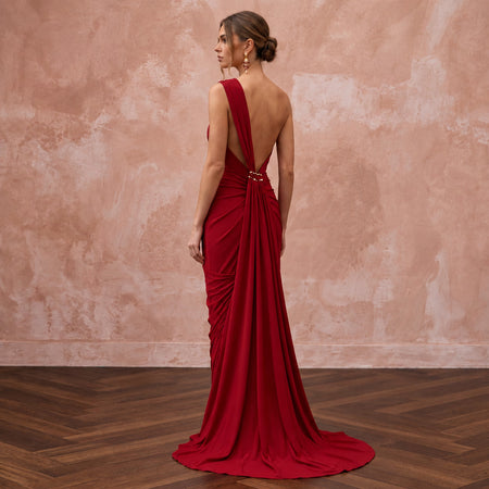 Crimson Red Minimalist Matte Jersey Draped Grecian Evening Gown