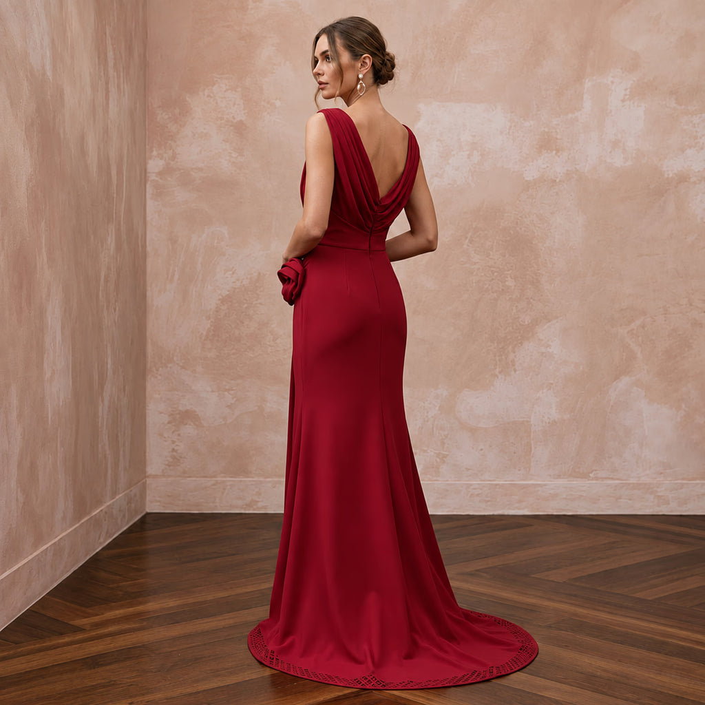 Crimson Red Minimalist Matte Jersey Draped Grecian Evening Gown