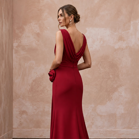 Crimson Red Minimalist Matte Jersey Draped Grecian Evening Gown