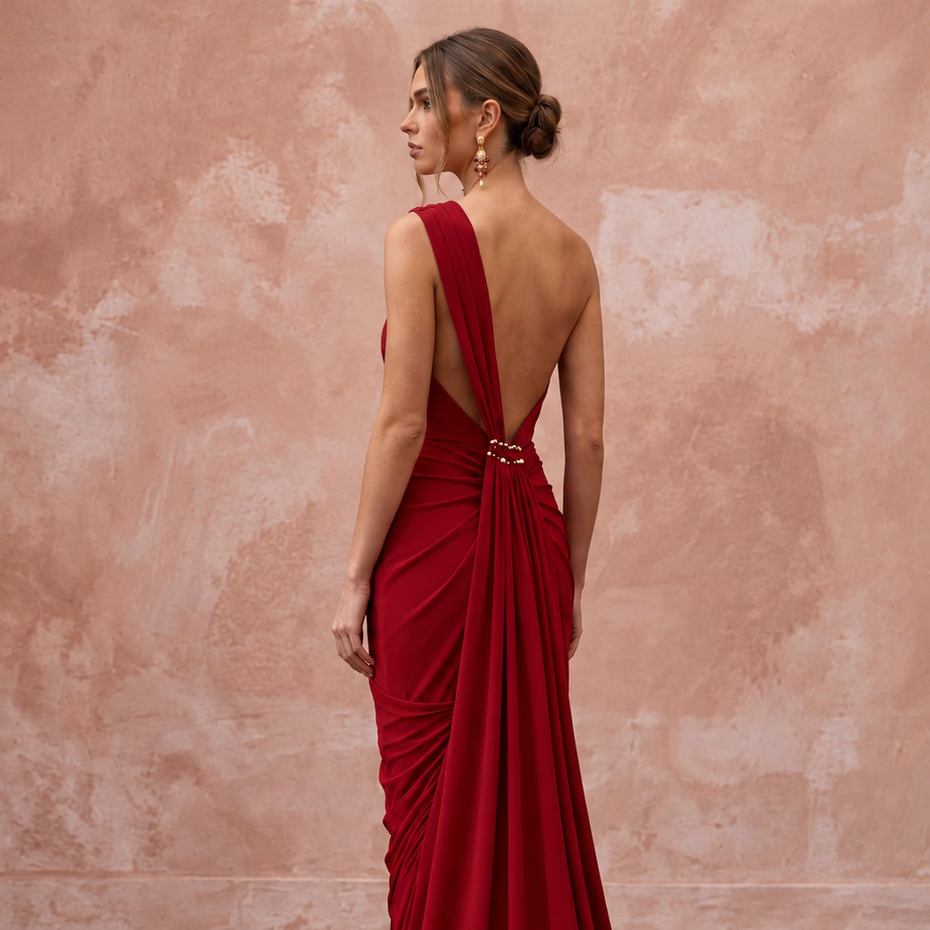 Crimson Red Minimalist Matte Jersey Draped Grecian Evening Gown