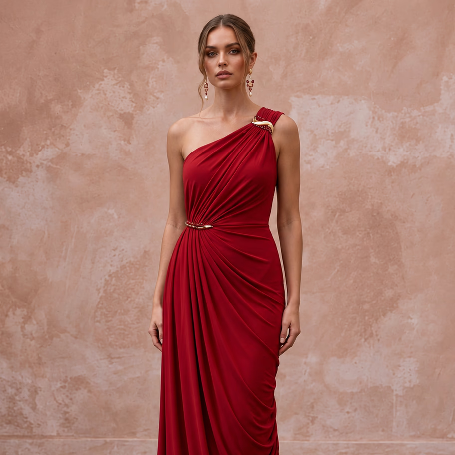 Crimson Red Minimalist Matte Jersey Draped Grecian Evening Gown