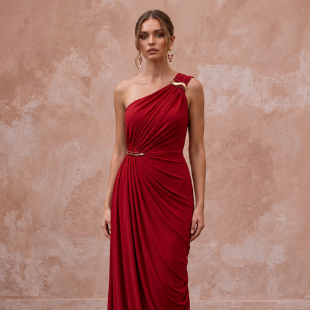 Crimson Red Minimalist Matte Jersey Draped Grecian Evening Gown