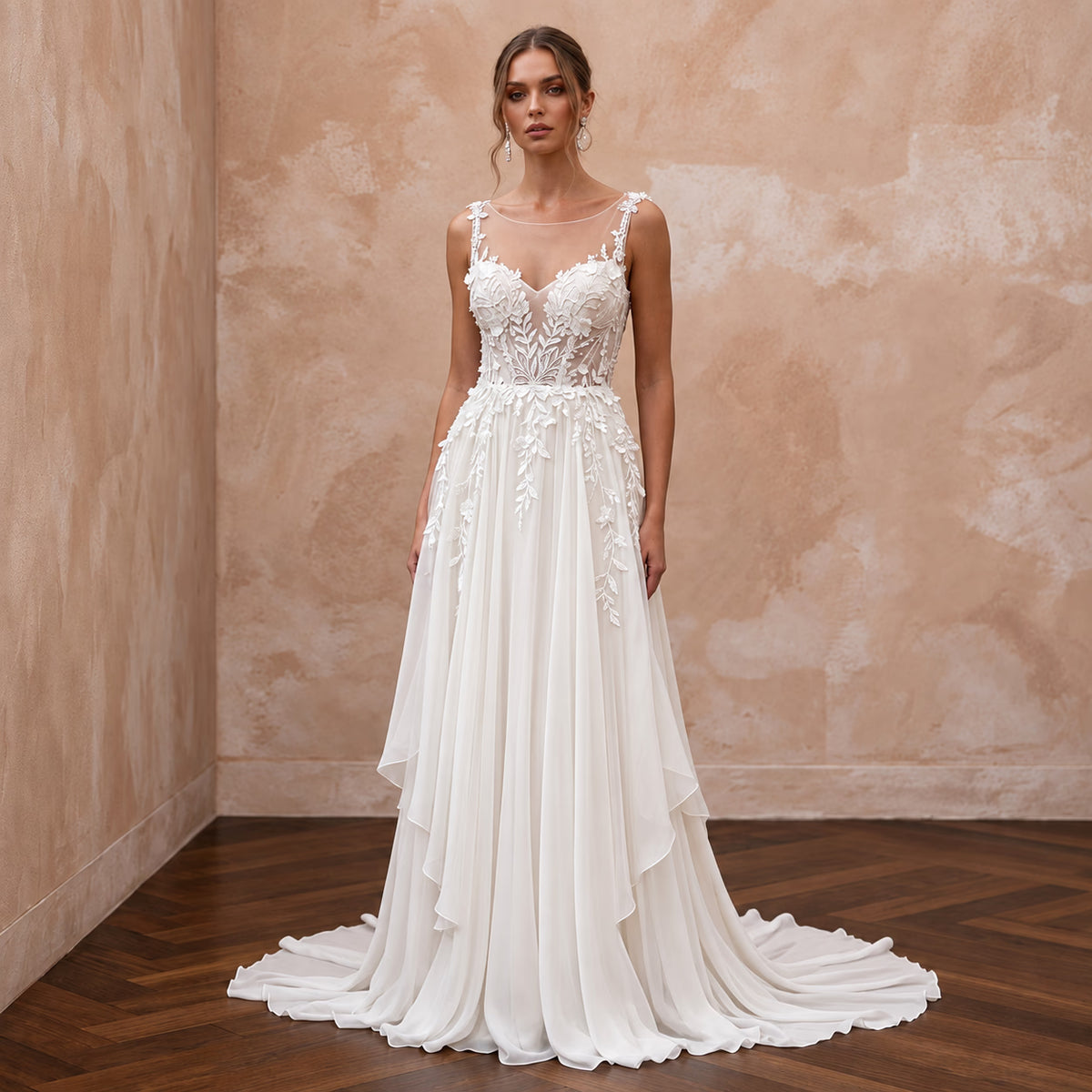 Custom Fit Chiffon Bridal Gown for an Outdoor Wedding - Apparel & Accessories > Clothing > Wedding & Bridal Party Dresses > Wedding Dresses - Mignonette Bridal Main image