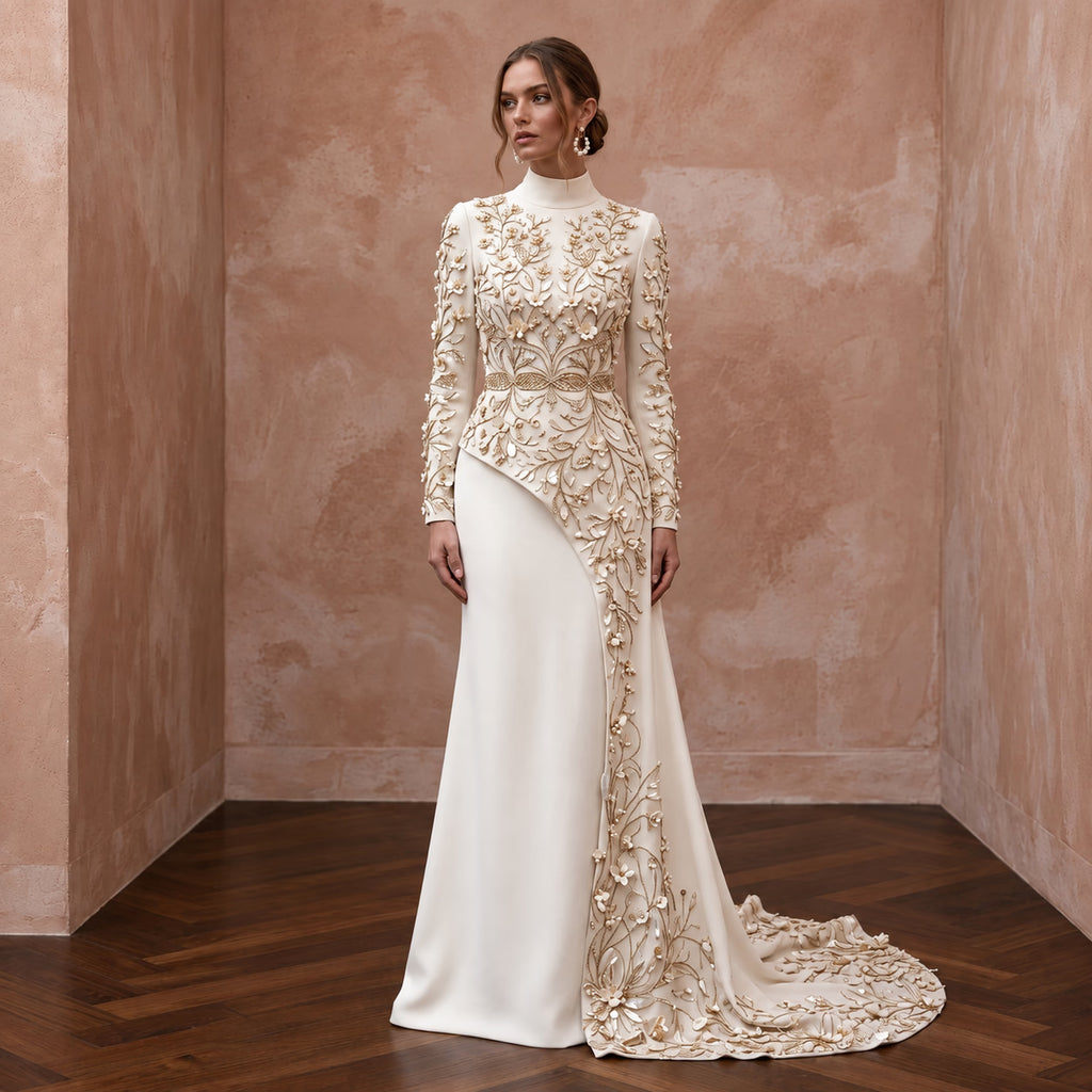 Custom Fit Modest Wedding Dress with High Neck