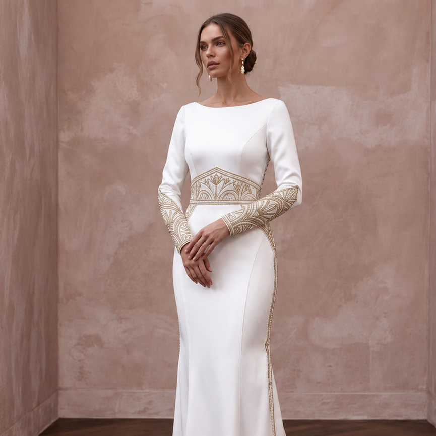 Custom Fit Satin Bridal Gown with Long Sleeves