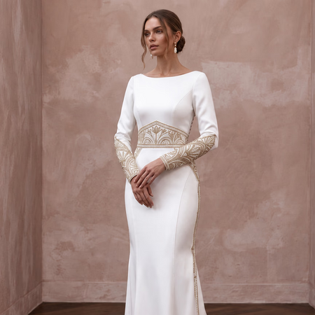 Custom Fit Satin Bridal Gown with Long Sleeves