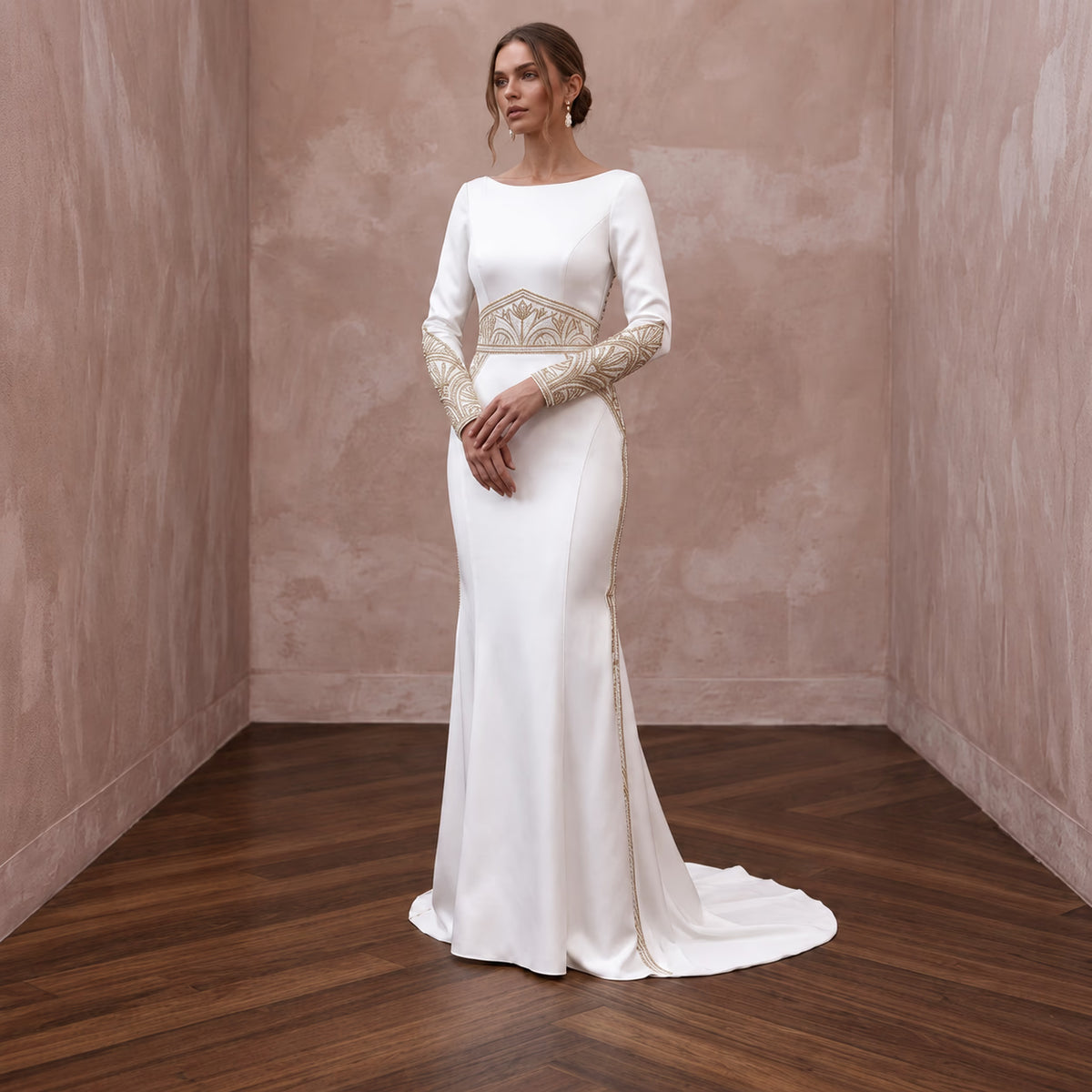 Custom Fit Satin Bridal Gown with Long Sleeves