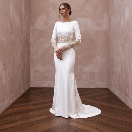 Custom Fit Satin Bridal Gown with Long Sleeves