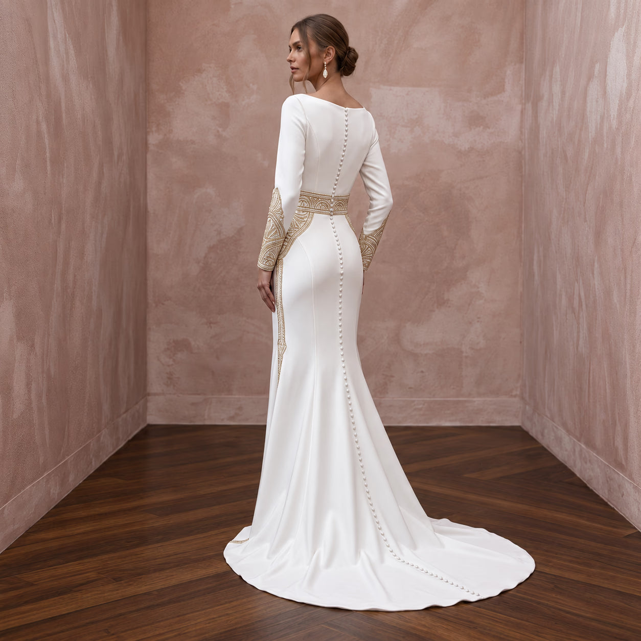 Custom Fit Satin Bridal Gown with Long Sleeves