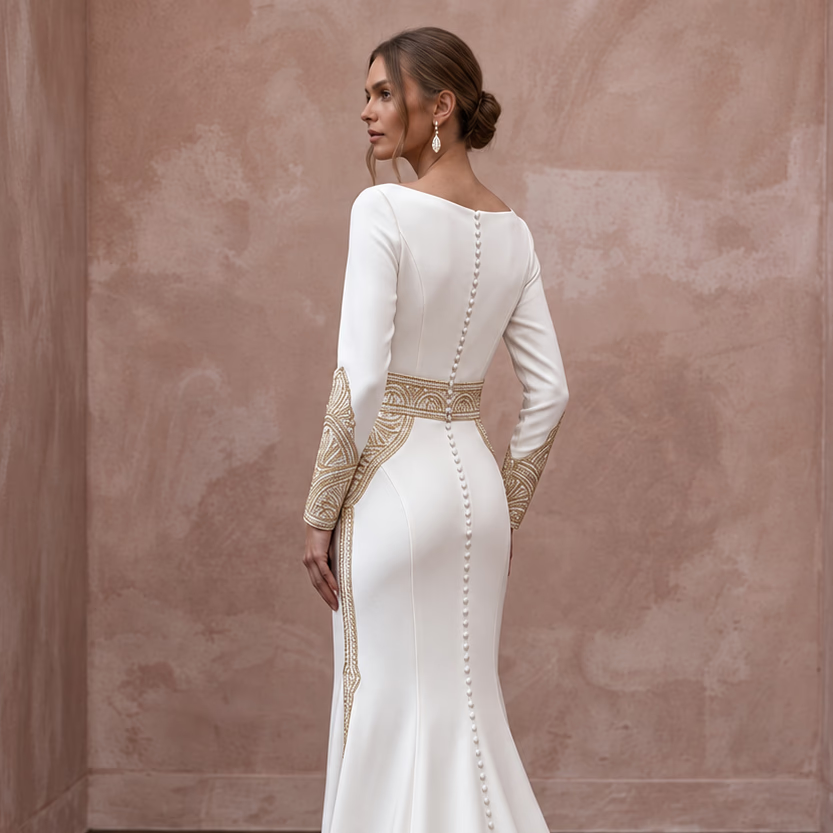 Custom Fit Satin Bridal Gown with Long Sleeves