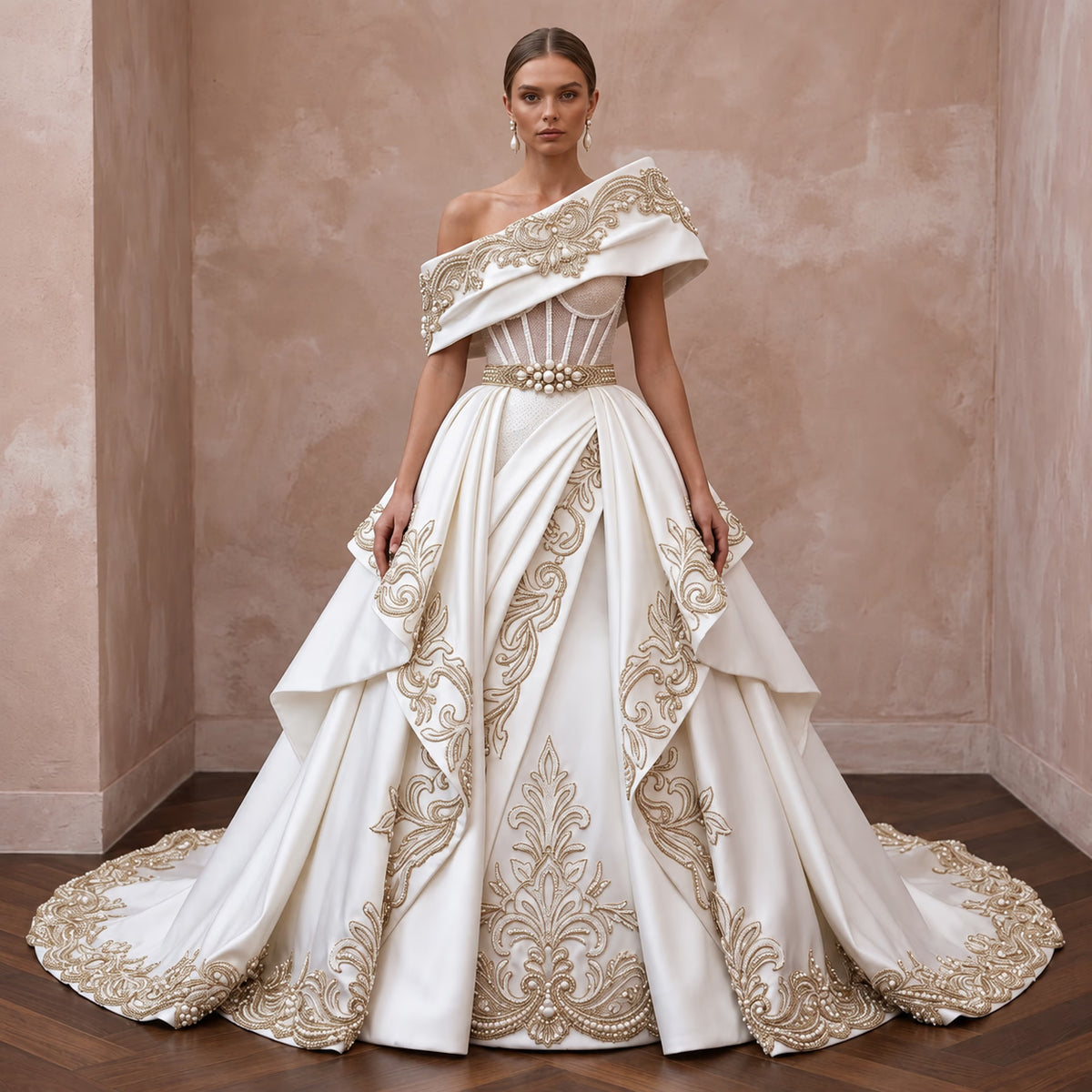 Custom Fit Satin Wedding Dress for a Formal Ceremony - Apparel & Accessories > Clothing > Wedding & Bridal Party Dresses > Wedding Dresses - Mignonette Bridal Main image