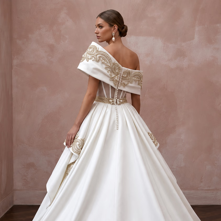 Custom Fit Satin Wedding Dress for a Formal Ceremony