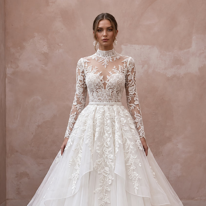 Custom Size Ball Gown Wedding Dress with Lace Bodice
