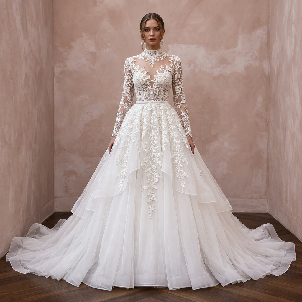 Custom Size Ball Gown Wedding Dress with Lace Bodice