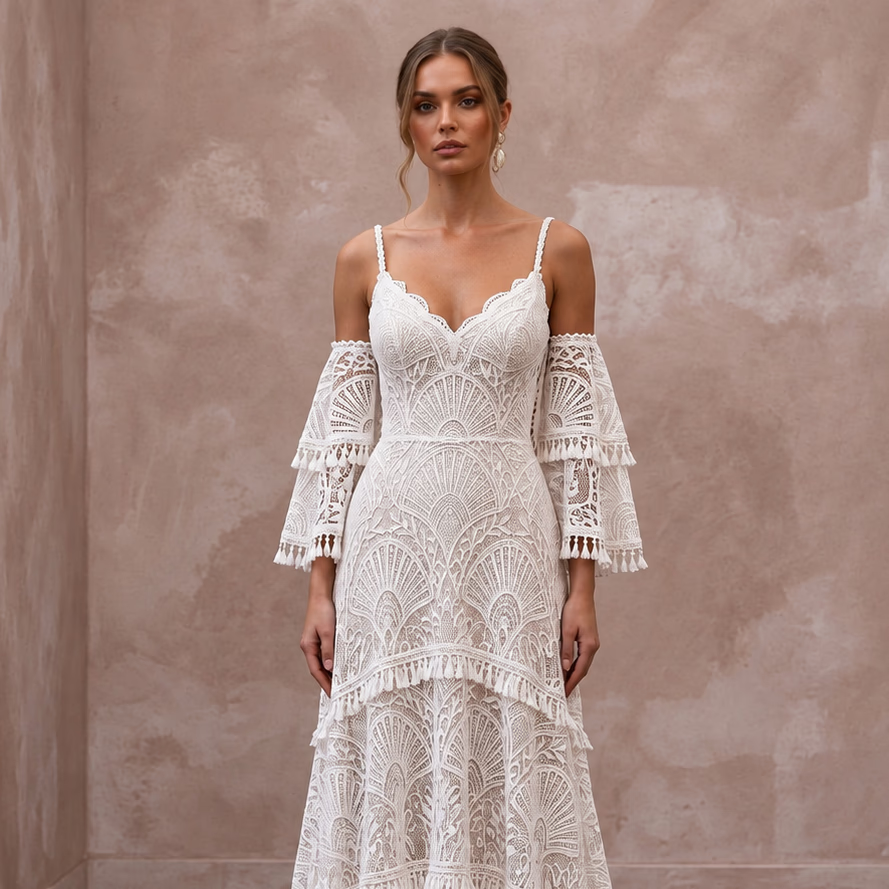 Custom Size Boho Lace Bridal Dress for a Beach Wedding