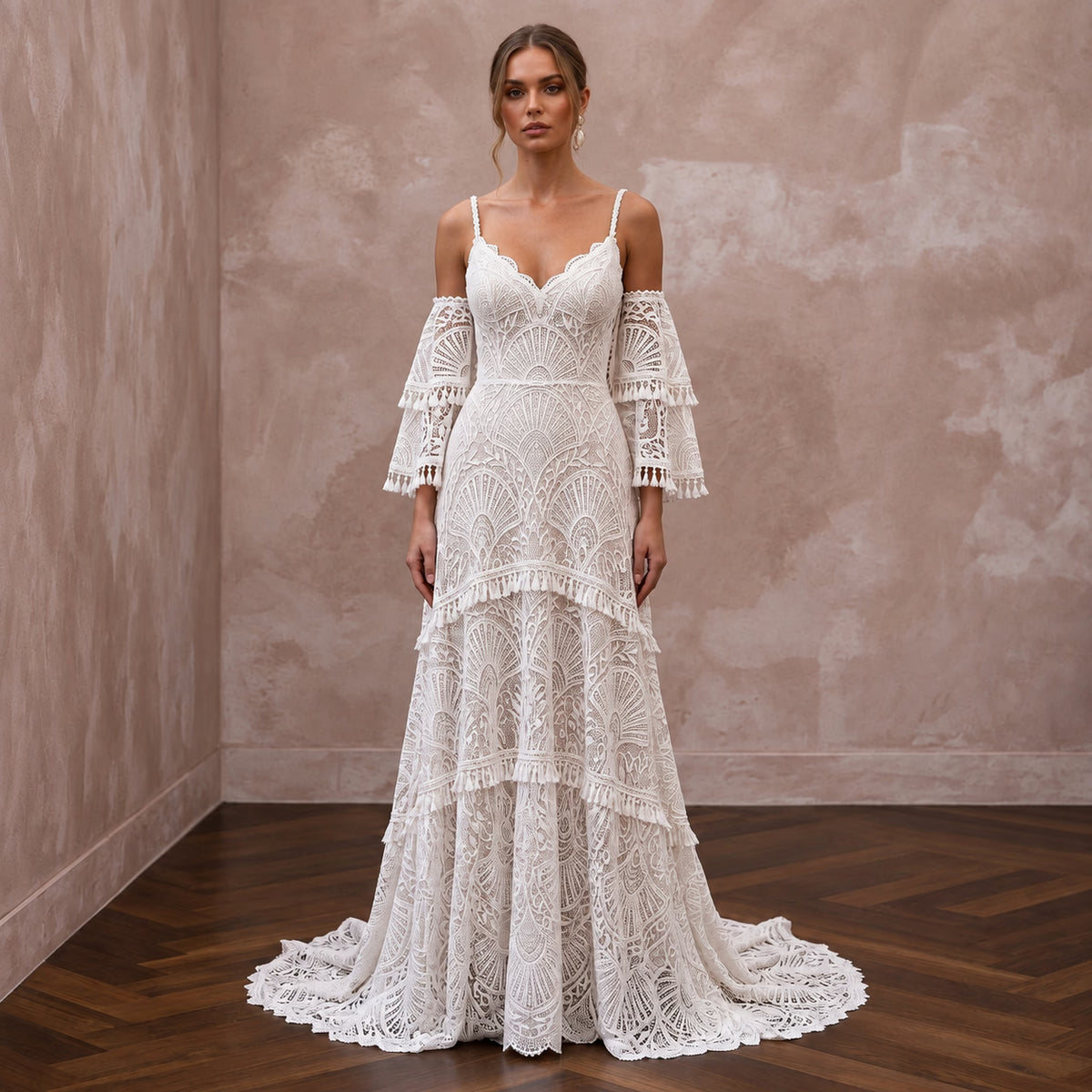 Custom Size Boho Lace Bridal Dress for a Beach Wedding