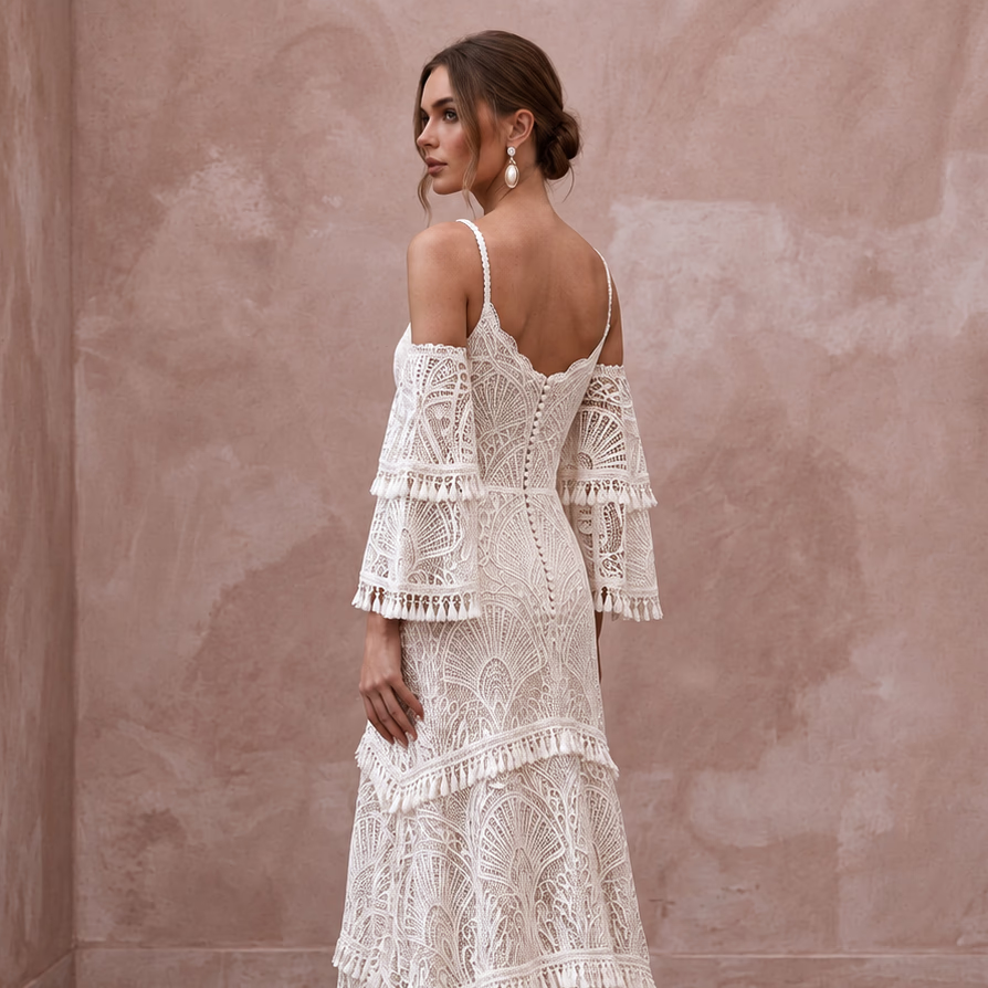 Custom Size Boho Lace Bridal Dress for a Beach Wedding