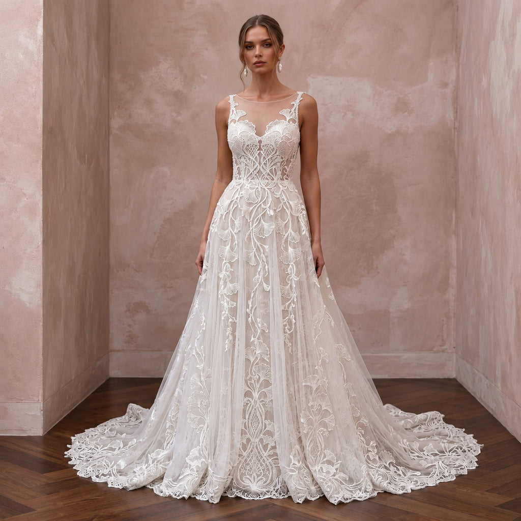 Custom Size Lace Wedding Dress with A-Line Silhouette