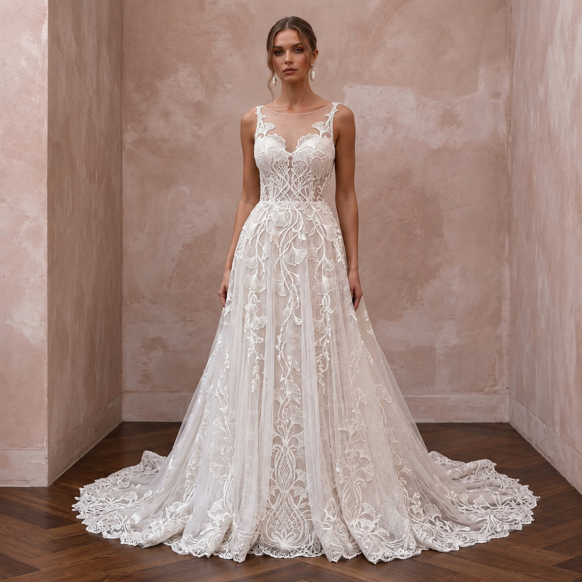 Custom Size Lace Wedding Dress with A-Line Silhouette