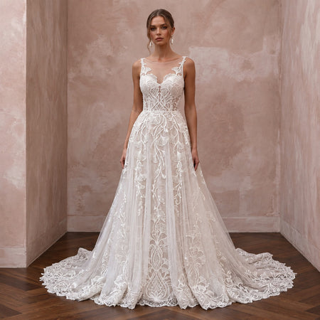 Custom Size Lace Wedding Dress with A-Line Silhouette