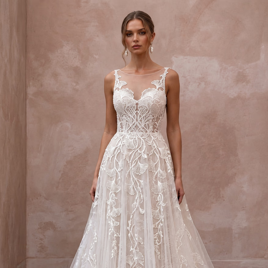 Custom Size Lace Wedding Dress with A-Line Silhouette