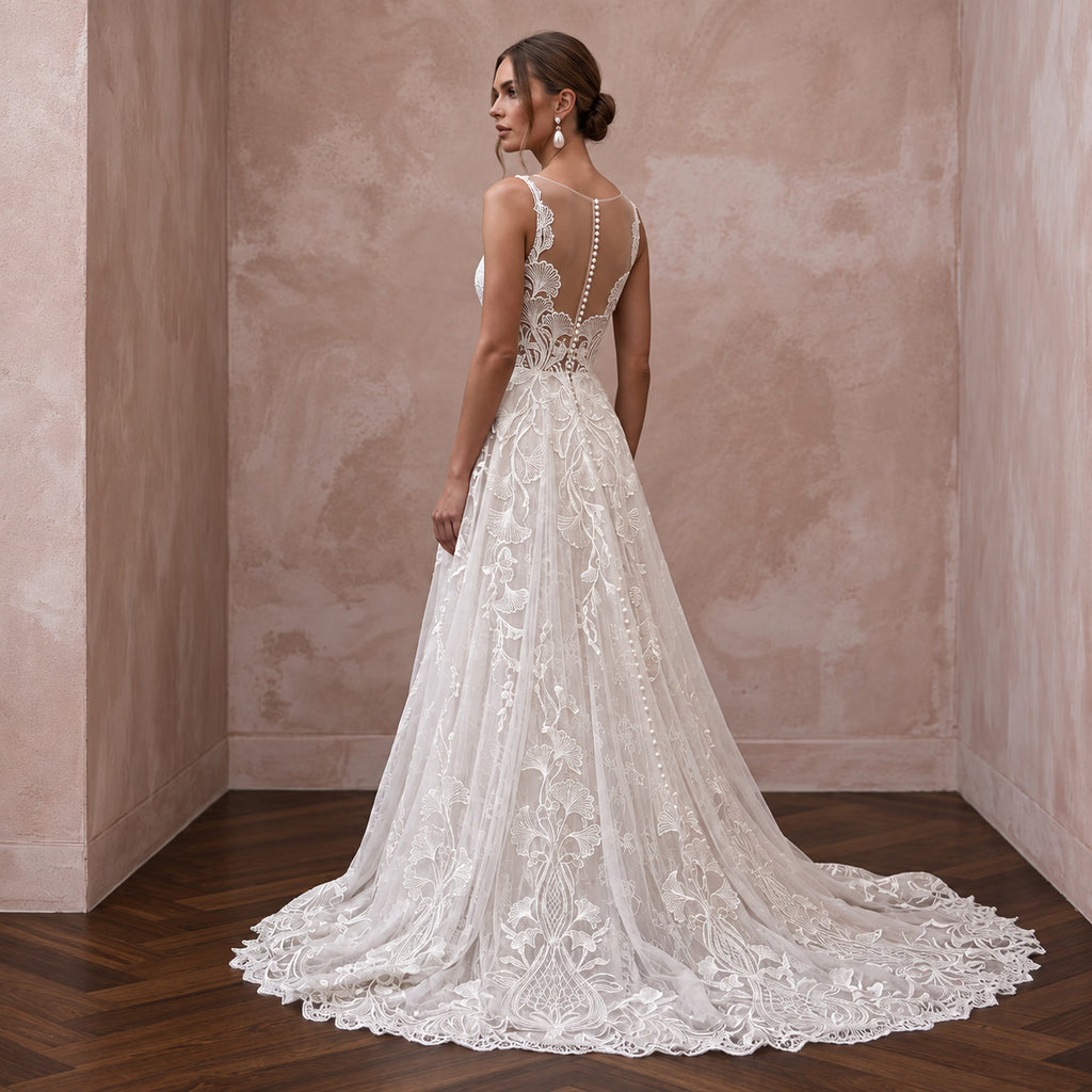 Custom Size Lace Wedding Dress with A-Line Silhouette